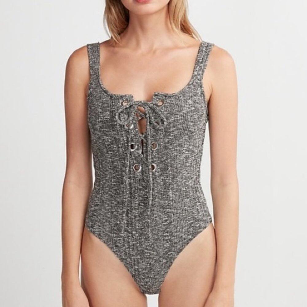 Express heather gray grommet lace up knit tank bodysuit small NEW